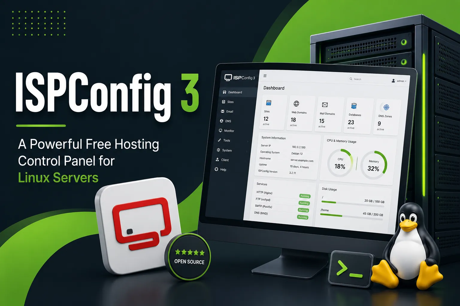 ISPConfig 3 ISPConfig 3 hosting control panel dashboard for Linux server management