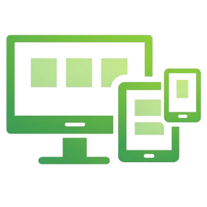Green responsive web design icon showing a desktop, tablet, and smartphone representing mobile-friendly websites.