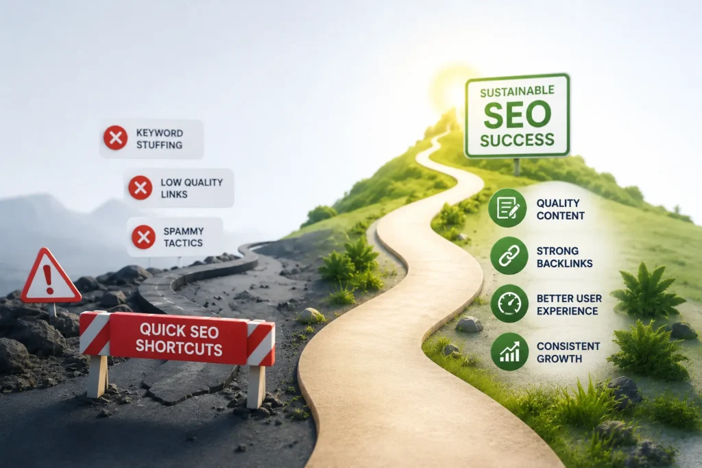 Illustration showing why there are no quick SEO shortcuts and the path to sustainable search engine optimization success