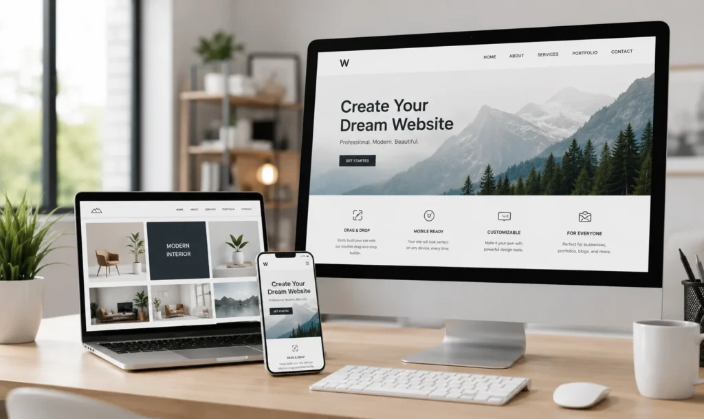 Modern website builder workspace showing responsive website design across desktop laptop and mobile devices